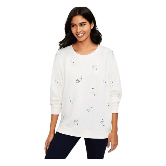 Lou & Grey Embroidered Stars Sweatshirt Cream French Terry Oversized Long Sleeve - Picture 2 of 8